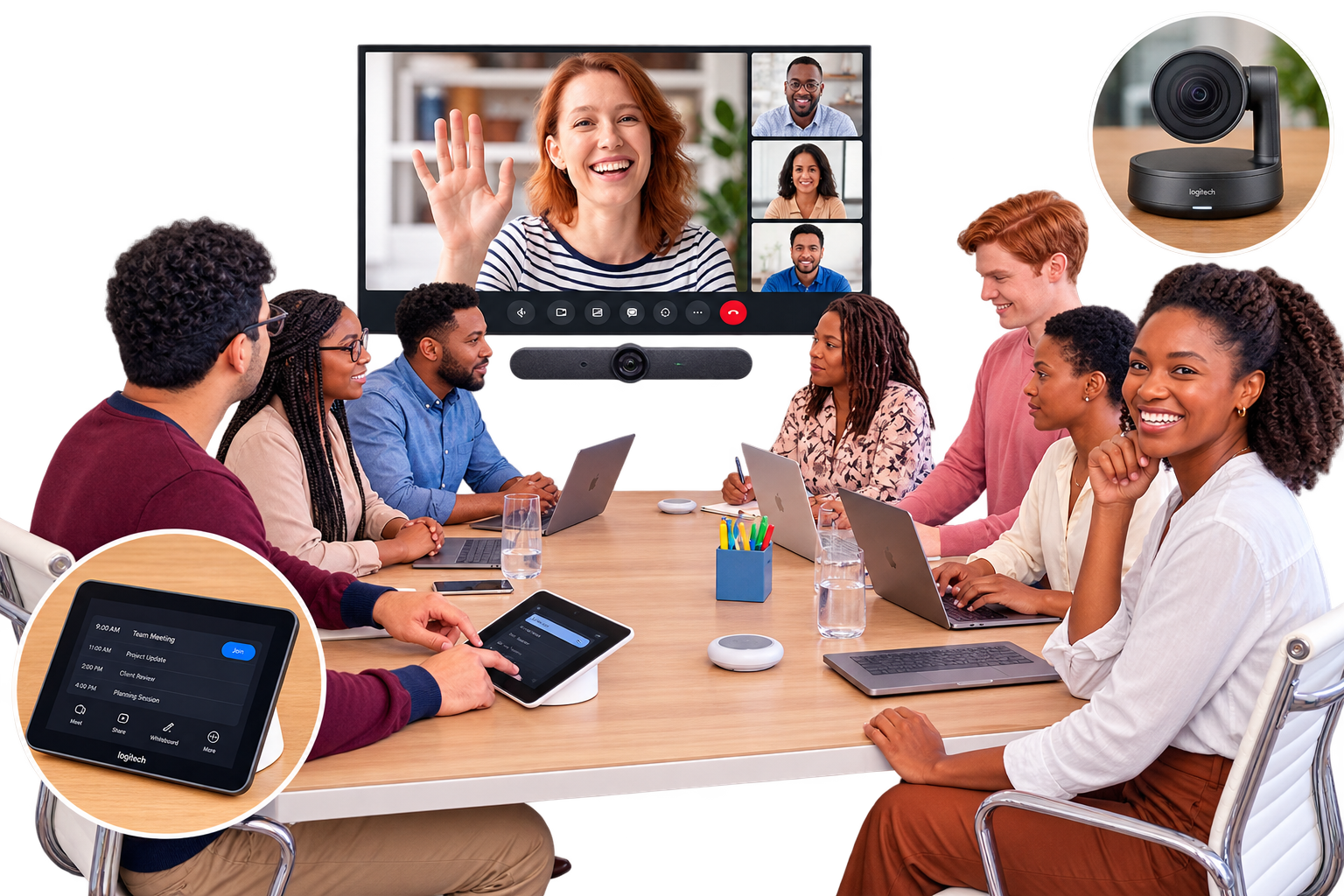 A team around a table on a video call, with the meeting room's camera and scheduling tablet shown alongside